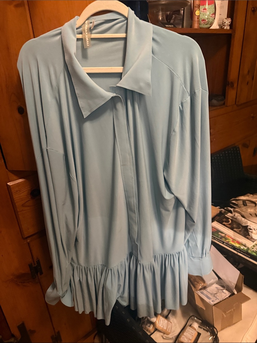Norma Kamali Powder Blue Long Sleeve Ruffle-Hem Dress